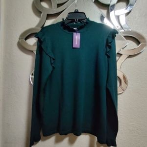 Midnight green ruffle mock neck sweater. New. Size 8/10.